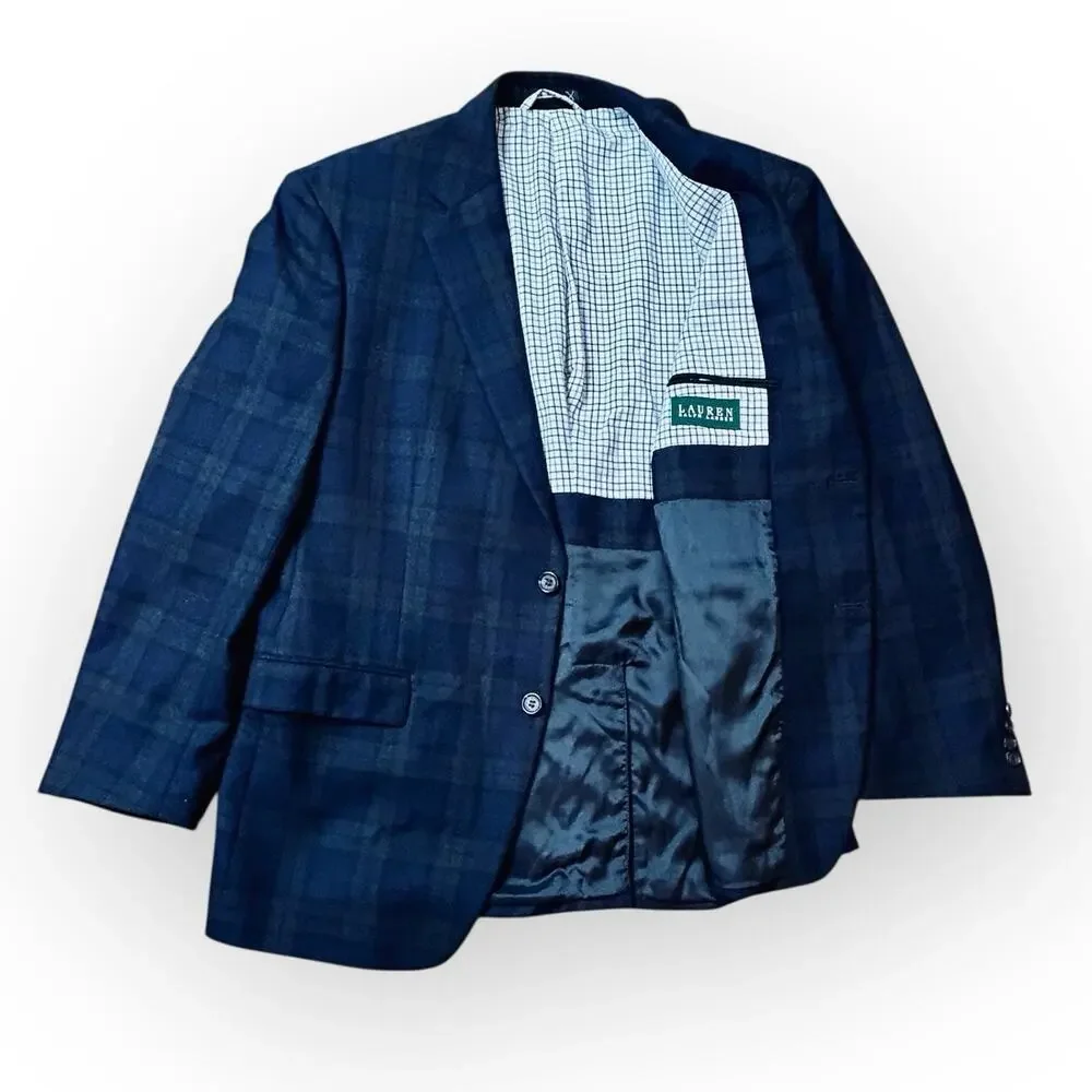 Lauren Ralph‎ Lauren Men's 100% Wool Plaid Jacket Blazer Dark Blue Size 42R
